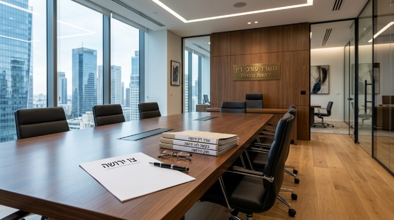 משרד עורכי דין מודרני עם תיקי מסמכים ומסמך צו ירושה על שולחן ישיבות יוקרתי