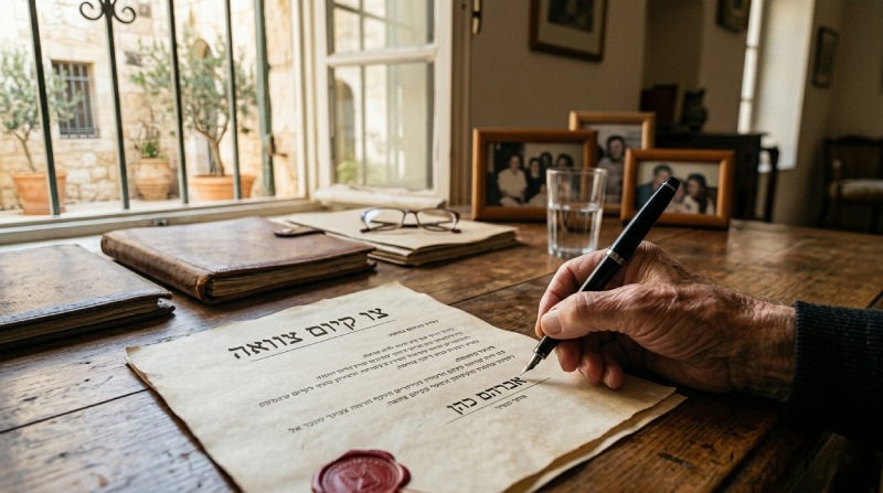 תקריב של יד קשישה חותמת בעט נובע על מסמך צו קיום צוואה על שולחן עץ בבית