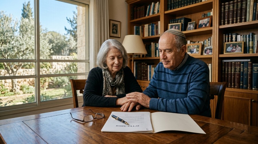 זוג מבוגר יושב בסלון ביתם וחותם על מסמך צוואה הדדית להבטחת עתיד המשפחה